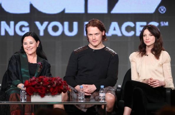 Author Diana Gabaldon, actor Sam Heughan as Jamie Fraser, and Caitriona Balfe as Claire Randall Fraser.