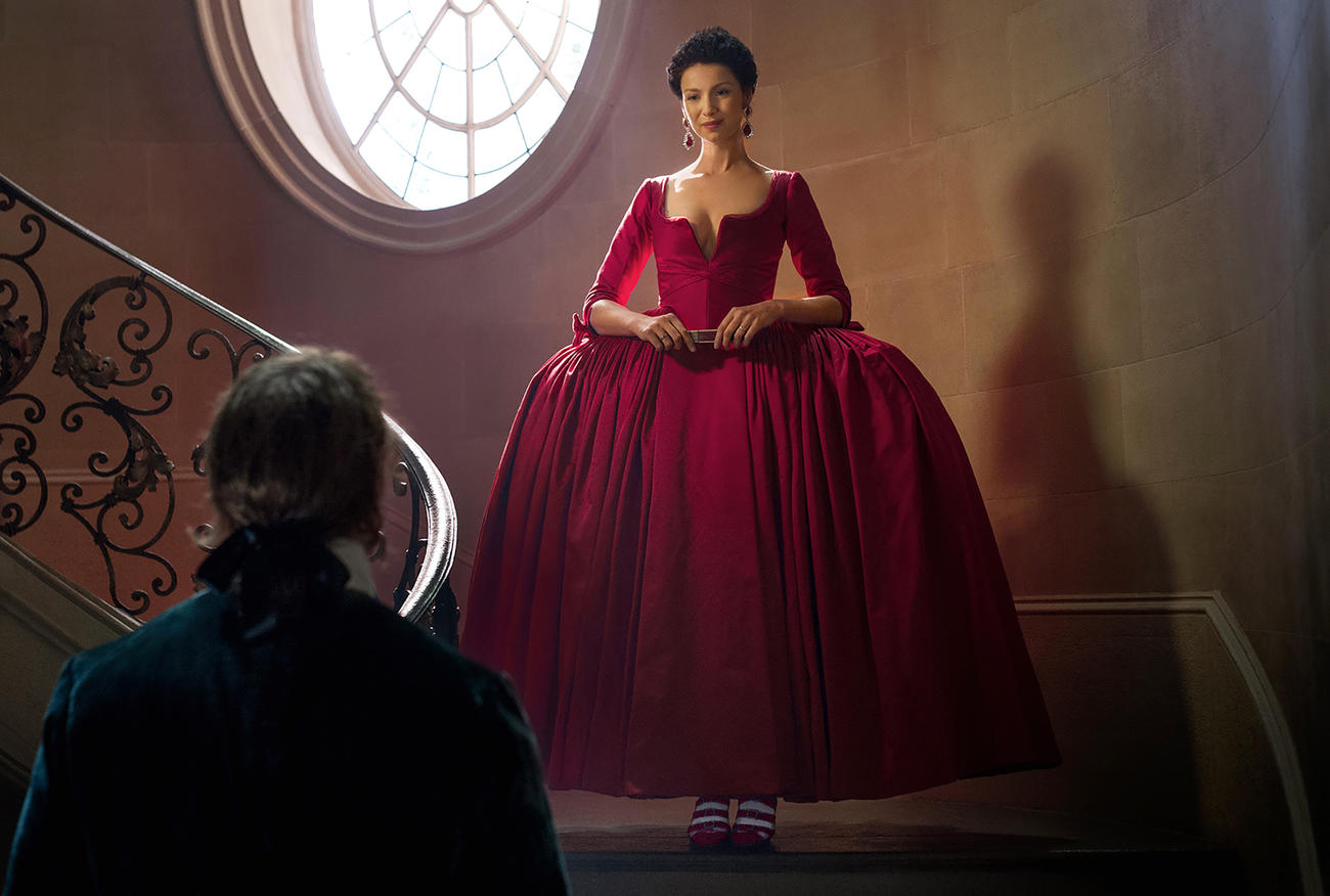 Actress Caitriona Balfe as Claire in the scandalous red dress from the show