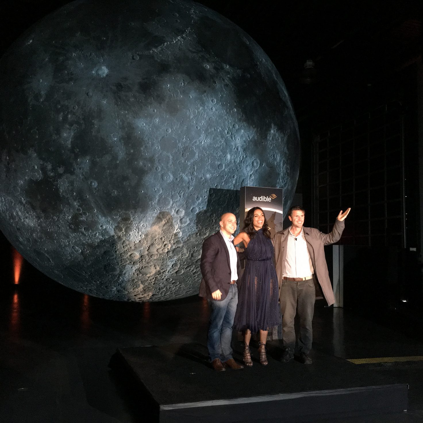 Luke Jerram and Rosario Dawson open moon exihibit and promote Andy Weir's upcoming book, Artemis.