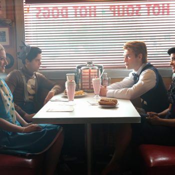 Riverdale -- "Chapter Fifteen: Nighthawks" -- Image Number: RVD202a_0453.jpg -- Pictured (L-R): Lili Reinhart as Betty Cooper, Cole Sprouse as Jughead Jones, KJ Apa as Archie Andrews, and Camila Mendes as Veronica Lodge -- Photo: Bettina Strauss /The CW -- © 2017 The CW Network. All Rights Reserved
